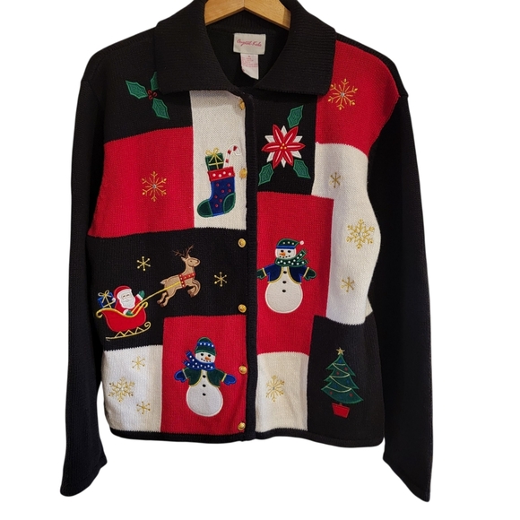 Vintage Crystal Kobe‎ Christmas Patchwork Cardigan Sweater Medium - Picture 2 of 7